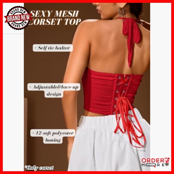 Mesh Corset Crop Top, Halter Bustier with Boning, Ruched Asymmetrical Hem - Picture 2 of 7